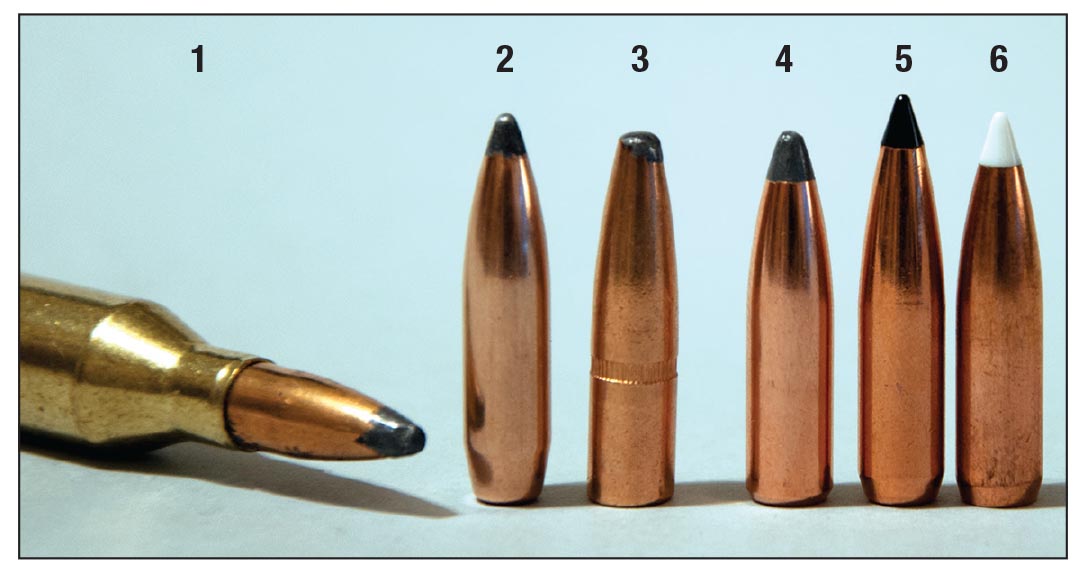 The cup-and-core (1) Winchester 100-grain Power-Point, (2) Sierra 100-grain Game King and the (3) Remington 100-grain Core-Lokt are good traditional bullets for the .243 Winchester. Bullets that generally penetrate more deeply include the (4) Nosler 95-grain Partition, (5) Swift 90-grain Scirocco II and the (6) Nosler 90-grain AccuBond.